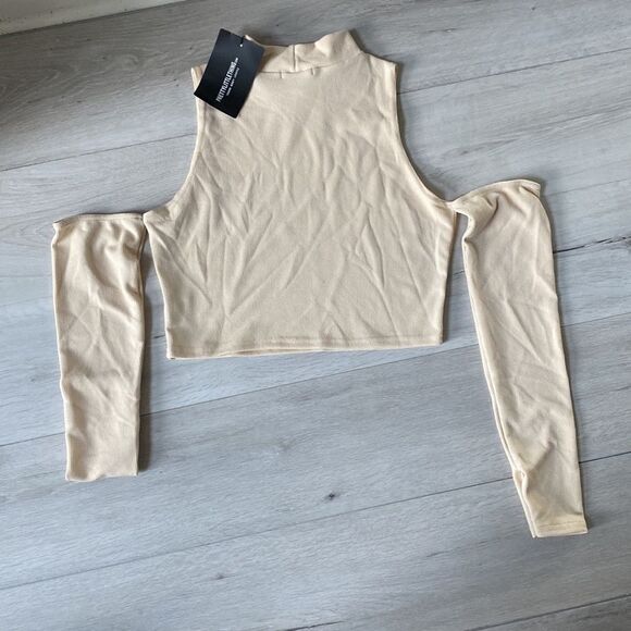 PrettyLittleThing Shape Stone Rib High Neck Bardot Sleeve Crop Top Tan 10 NWT - Picture 7 of 7